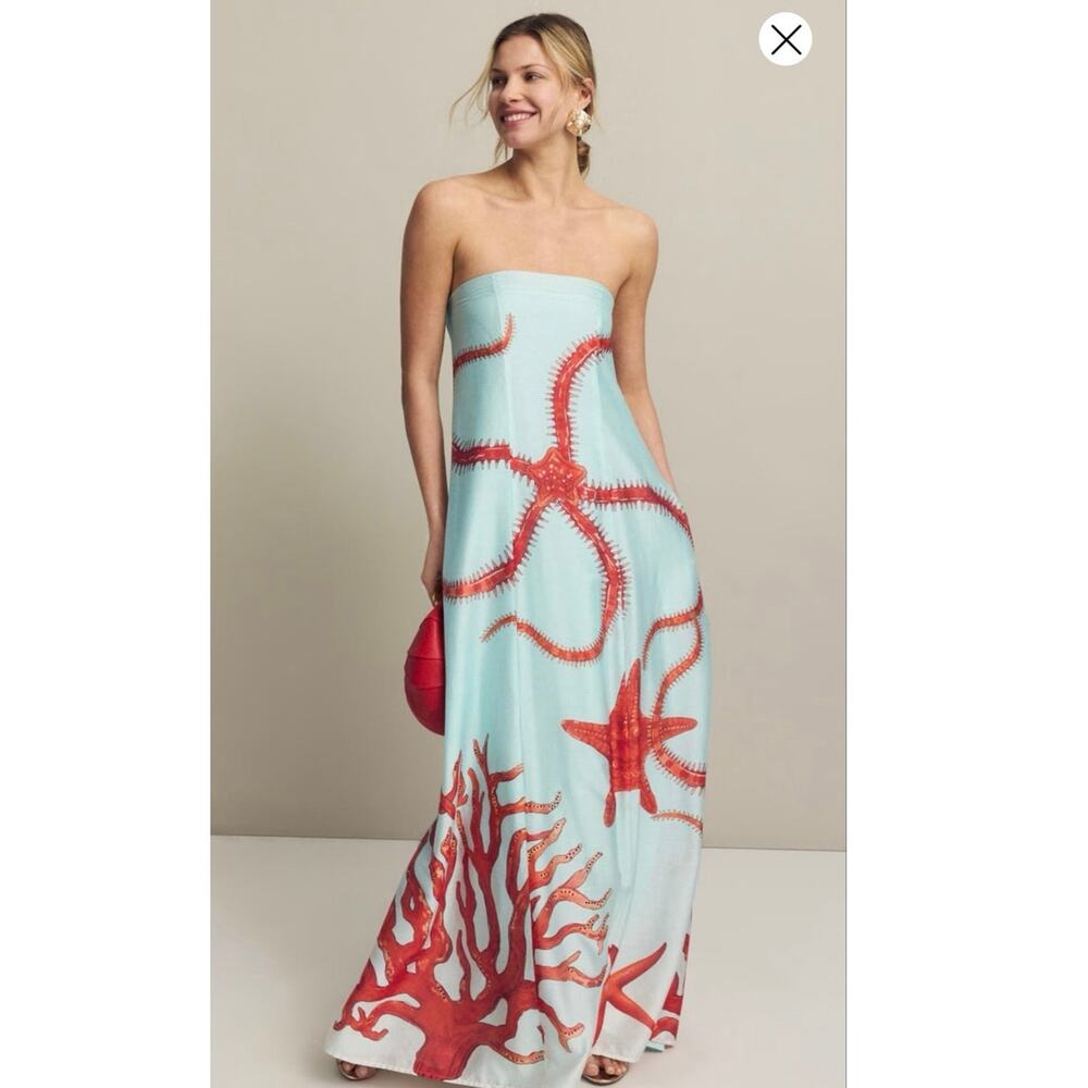 MUMA WORLD Blue Red Starfish Print Sleeveless Ursa Maxi Dress size Extra Small